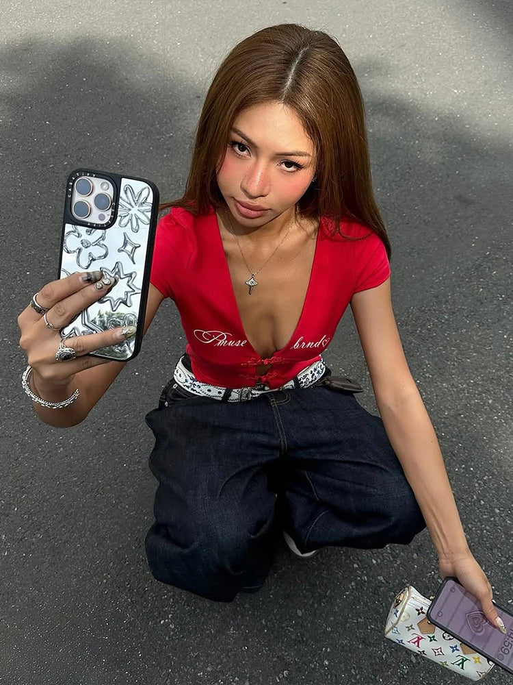 Weird Puss Sexy Letter Print T-Shirt Women Hollow Cheongsam Button V Neck Midnight Hottie Versatile Street Skinny Crop Tops