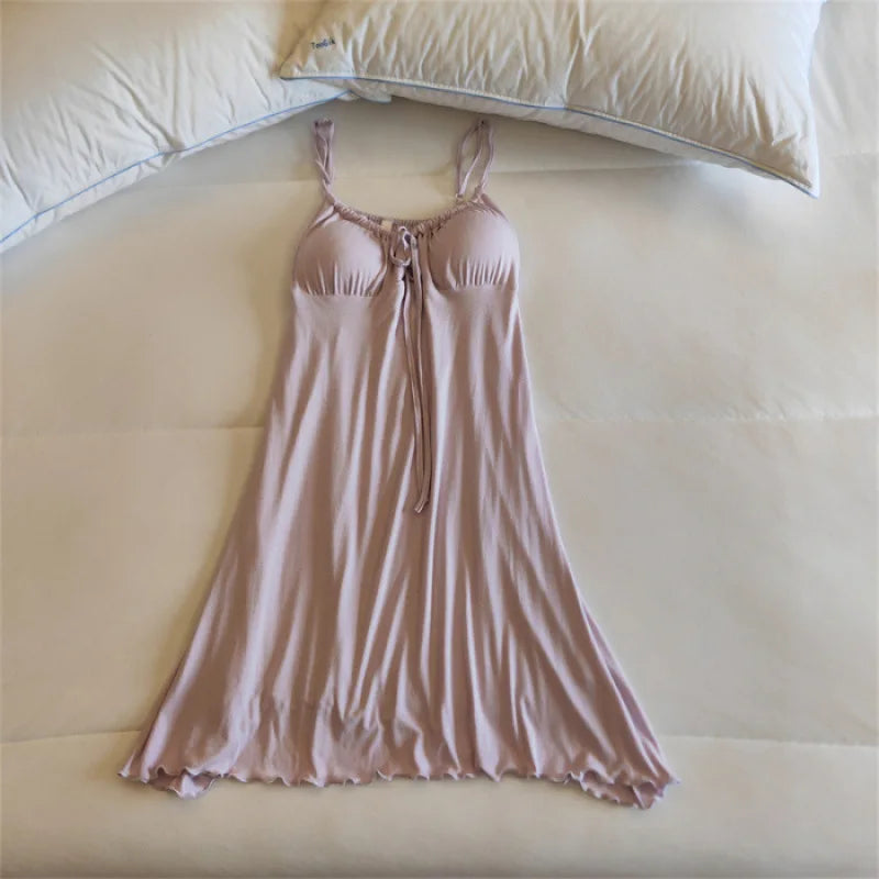 Sexy Nightgown Women Sling Night Dress Chest Pad Sleepwear Nightshirt Modal Ladies Slim Nightwear Casual Home Sleep Shirt