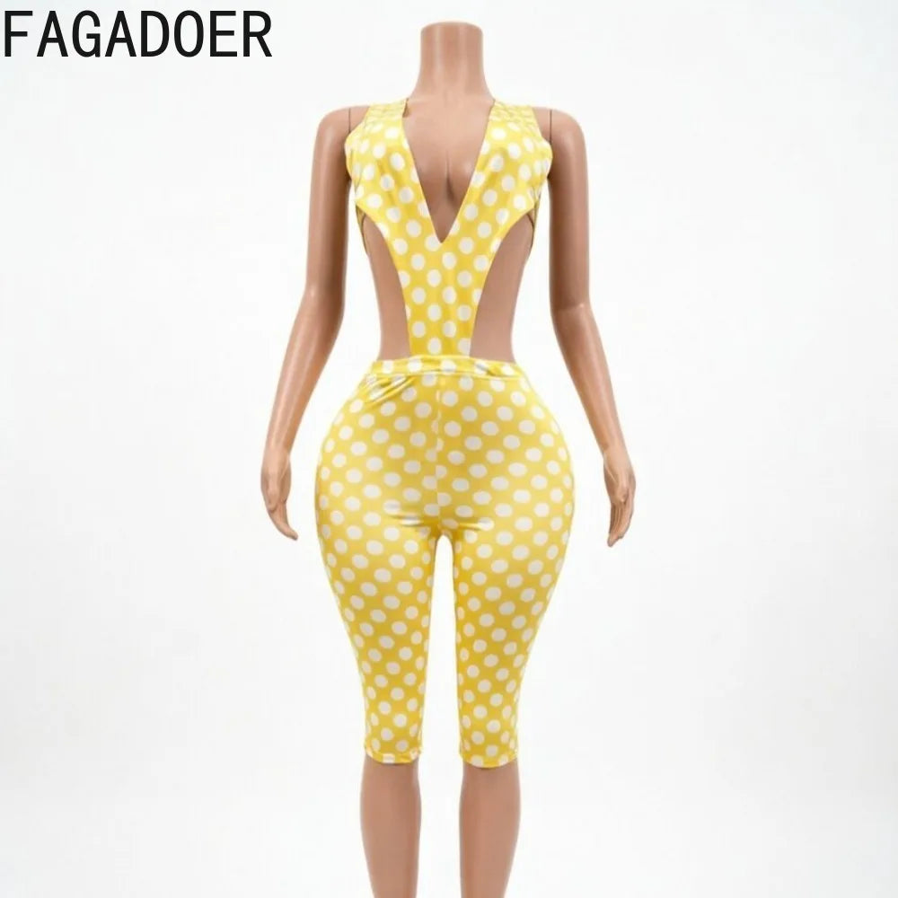 FAGADOER Retro Polka Dot Printing Deep V Two Pieces Sets Sexy Off Shoulder Bandage Bodysuits Top and Bodycon Shorts Outfits New