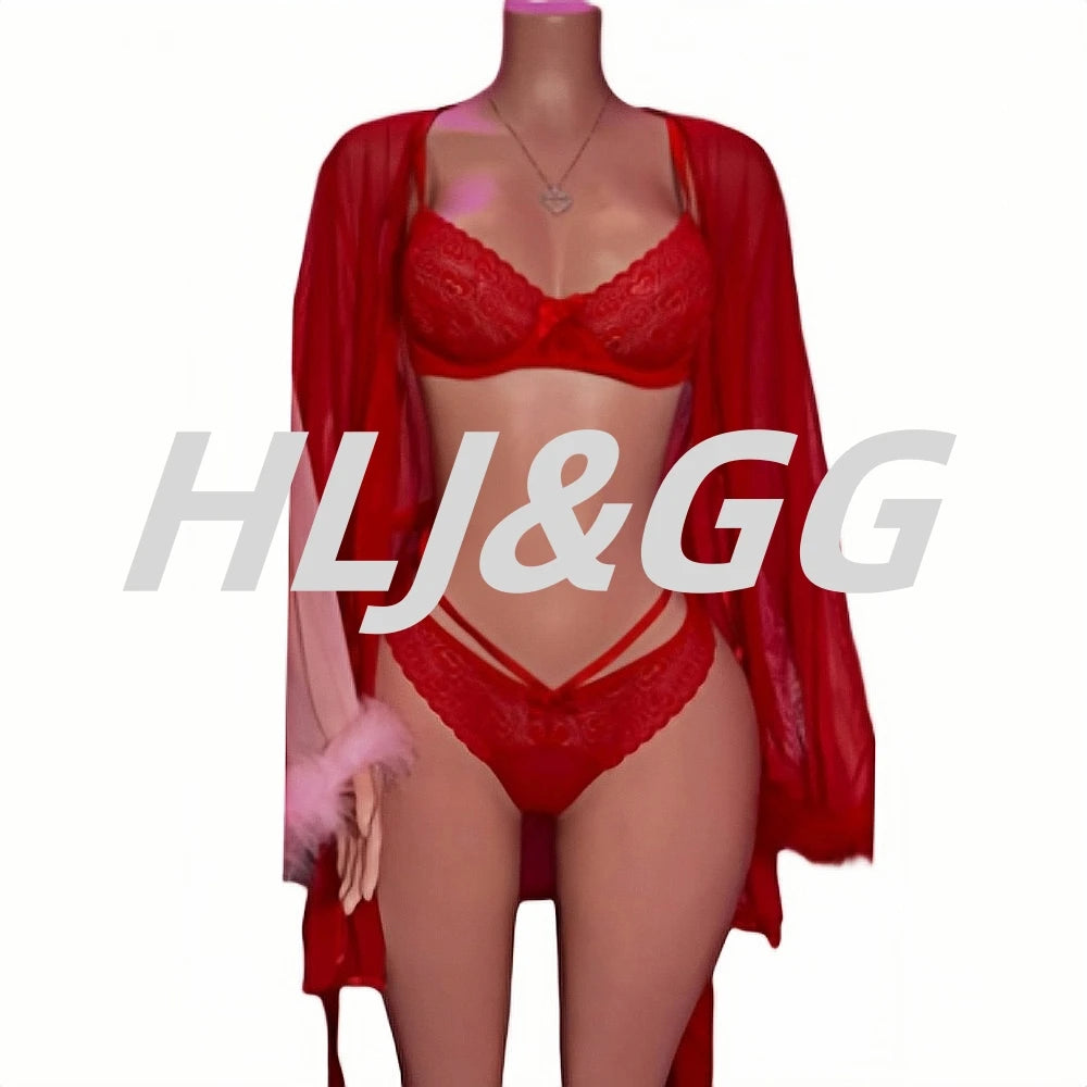 HLJ&GG Sexy Lace See Though 3 Pieces Home Nightgown Sets Women Bra + Thong + Feather Cuffs Long Sleeve Kimino Robe Outfits 2025