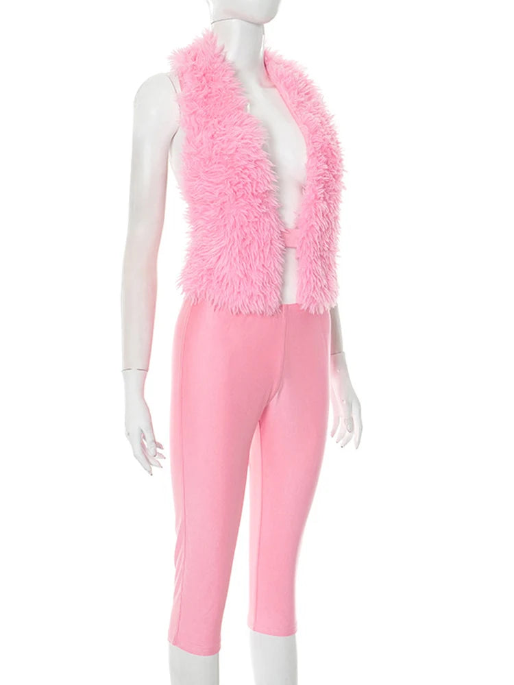 Kricesseen Cute Girls Furry Crop Top And Legging Suits Set Pink Outfits, Tie-Back Biker Shorts Set Night Clubwear Overalls