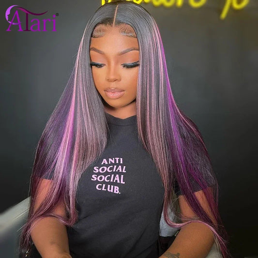 Purple Highlights 5x5 Lace Closure Human Hair Wigs Transparent 13x4 13x6 P1B Light Pink Lace Frontal Straight Wig Pre Plucked