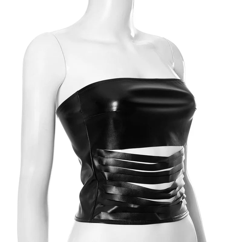 Nsauye Strapless Women Basic Casual Streetwear Night Club Fashion Summer Crop Tops PU Leather Mini Skinny Hollow Out Tank Tops