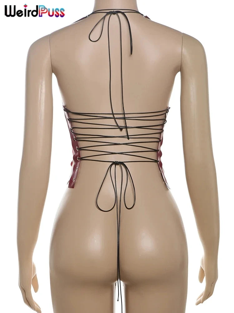 Weird Puss Mesh Halter Crop Tops Woman Summer Bandage Backless Patchwork Number Print Swing Collar Party Streetwear Skinny Vest