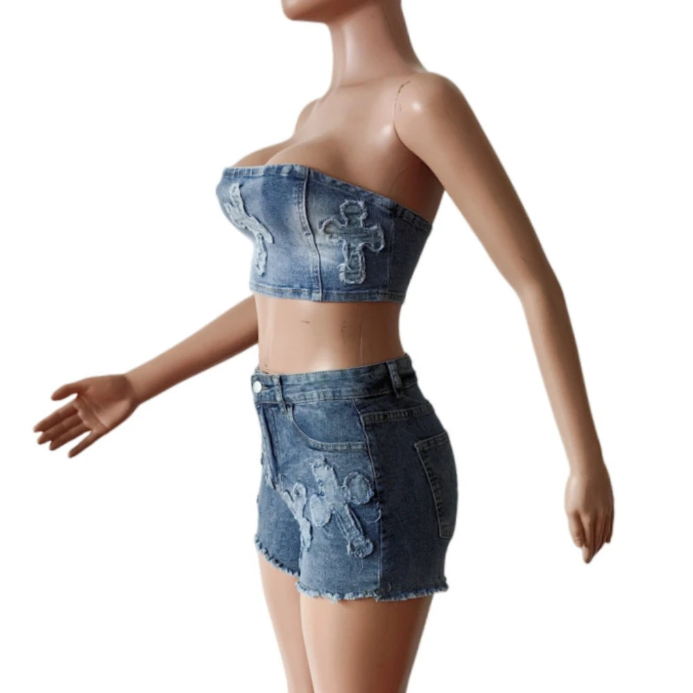 HLJ&GG Blue Fashion jeans Pocket Cargo Shorts Two Piece Sets Women Zipper Long Sleeve Crop Top And Shorts Outfits Cowboy Suits