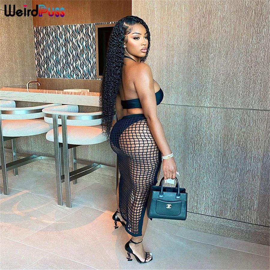 Weird Puss Summer Knit Sexy Long Skirt Women Crochet Elastic See-Through Hollow Out Grid Party Wild Streetwear Solid Bottoms