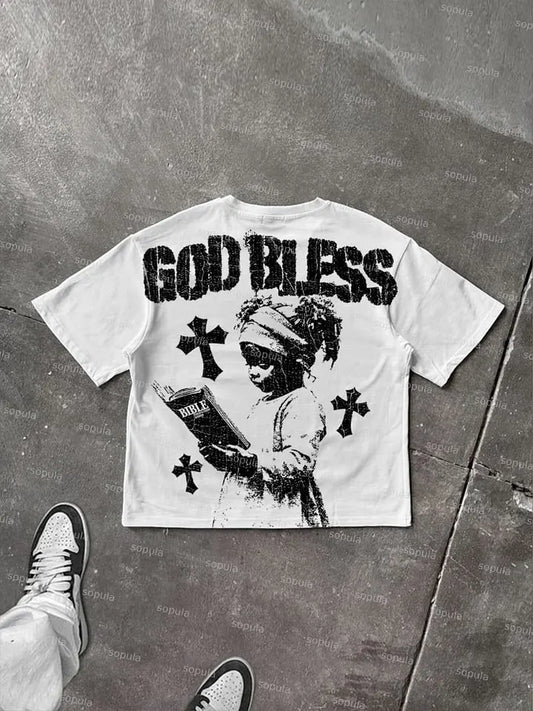 God Bless Children's Prayer Graphic Cotton T-shirt unisex high-quality top vintage t shirt