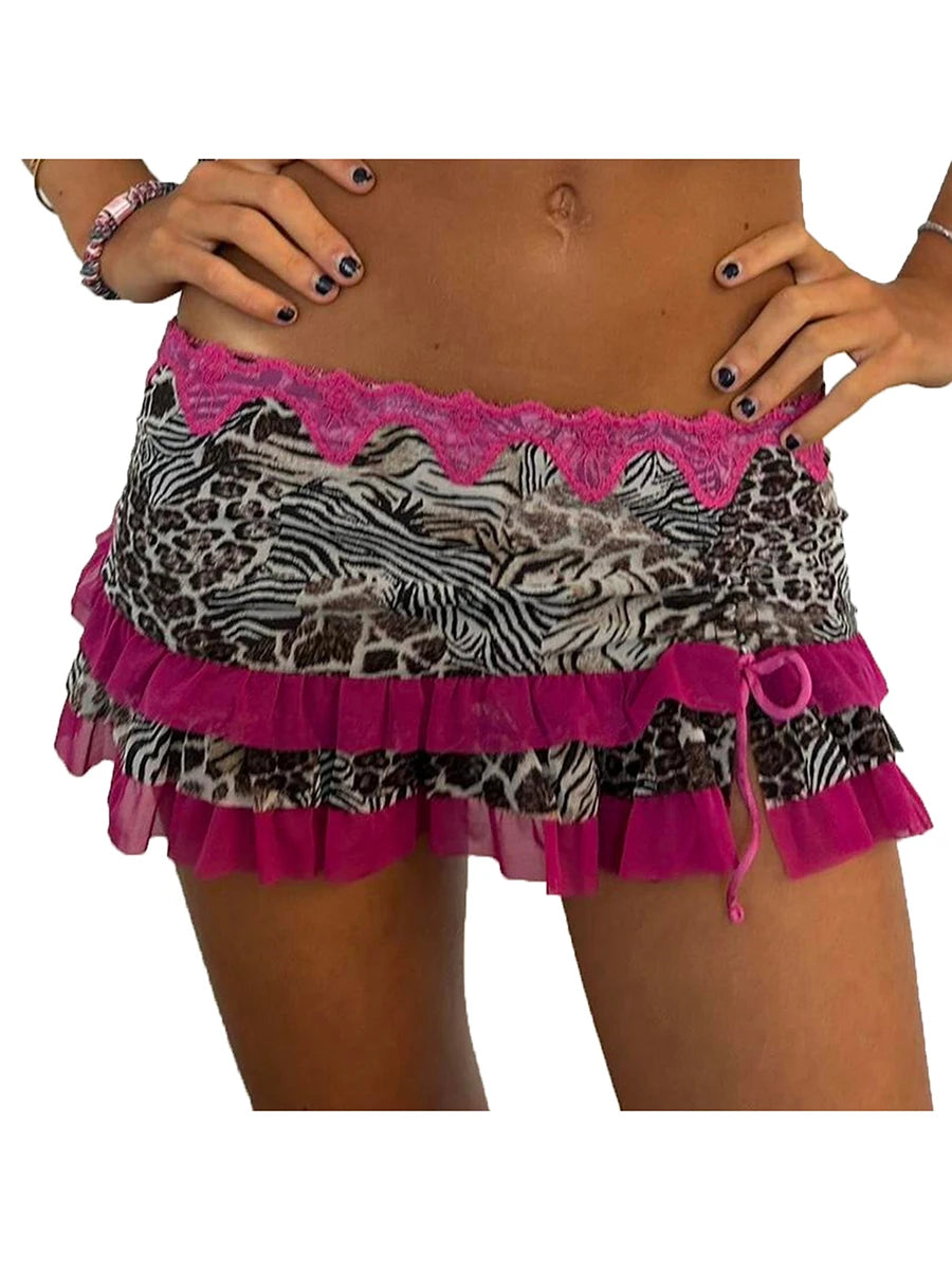 Y2K Fairycore Skirt Leopard Drawstring Harajuku Streetwear Gothic Retro Mini Skirt Hip Hop Low Rise Skirts Punk Fashion Dress