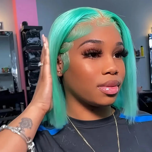 Mint Green Colored Short Bob Straight 13x4 Lace Frontal Wigs Human Hair Wigs Brazilian Remy 100% Human Hair Wig For Women