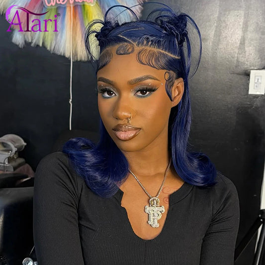 Midnight Blue Short Bob Human Hair Wigs Transparent 13x4 Full Lace Frontal Body Wave Wig Pre Plucked 180 Density Wavy Bob Wig