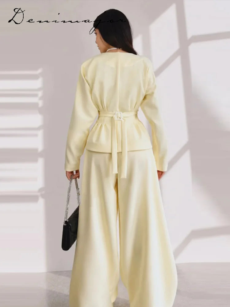 Fashion Solid Two-Piece Set Women V-Neck Ruffle Hem Waist-cinching Coats Bow Lace Up Wide Leg Pants 2026 Autumn New Lady Outfit