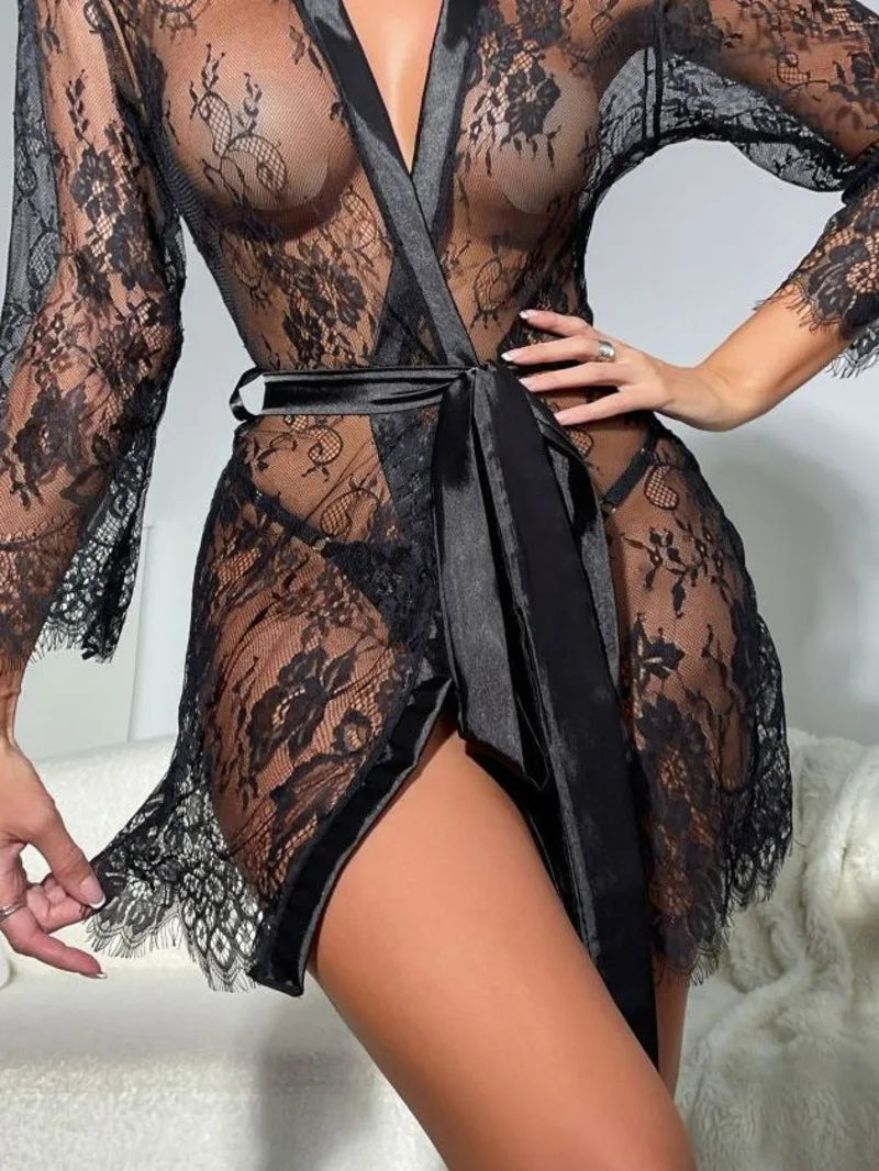 Sexy Temptation Sleepwear Lace Sleepwear Home Clothes Sleeprobe dress elegant mesh lace thin transparent sweet mini dress GX4Z