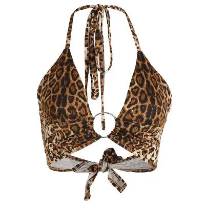 Leopard Print Halter Crop Top for Women Backless Bandage Lace-Up Sequin Metal Ring Detail Party Club Bustier 2025 Style