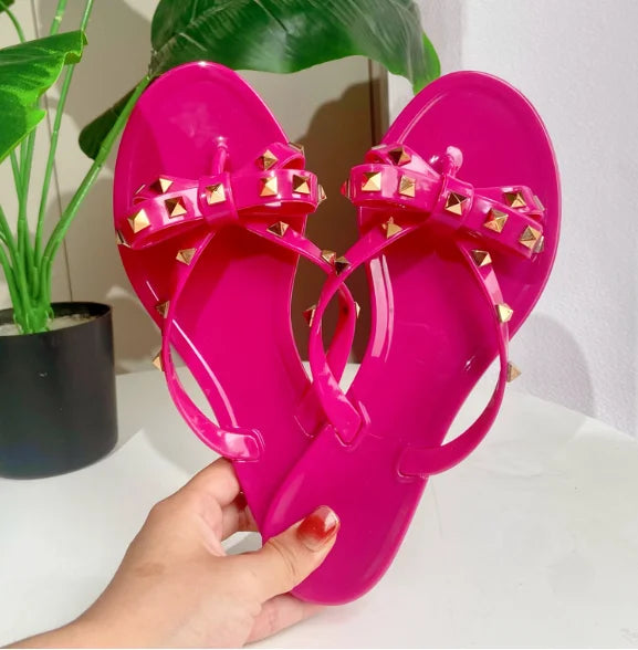 Ladies Leisure Waterproof Shoes Summer Zoris Slippers In Flats Clear Yellow Flip-Flops With Gold Stud Bow-Knot PVC Slides 36-42