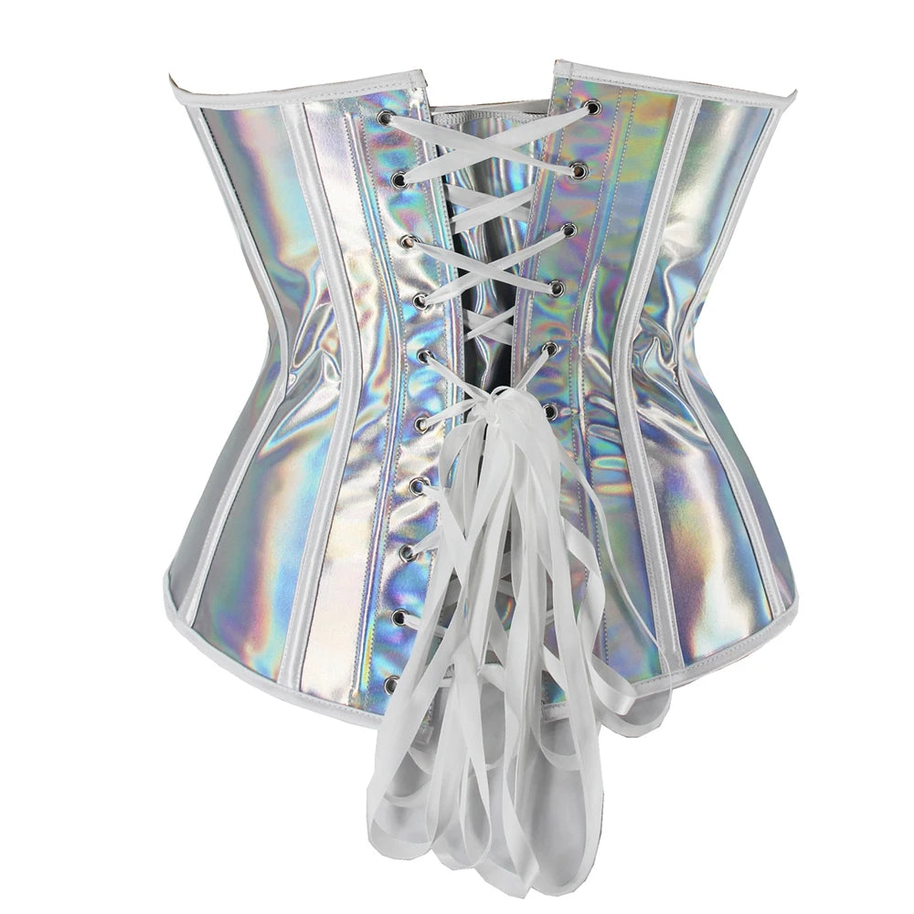 Silver PU Leather Corset Top Women Gothic Overbust Steampunk Corset and Bustier Women Sexy Corselet Clubwear
