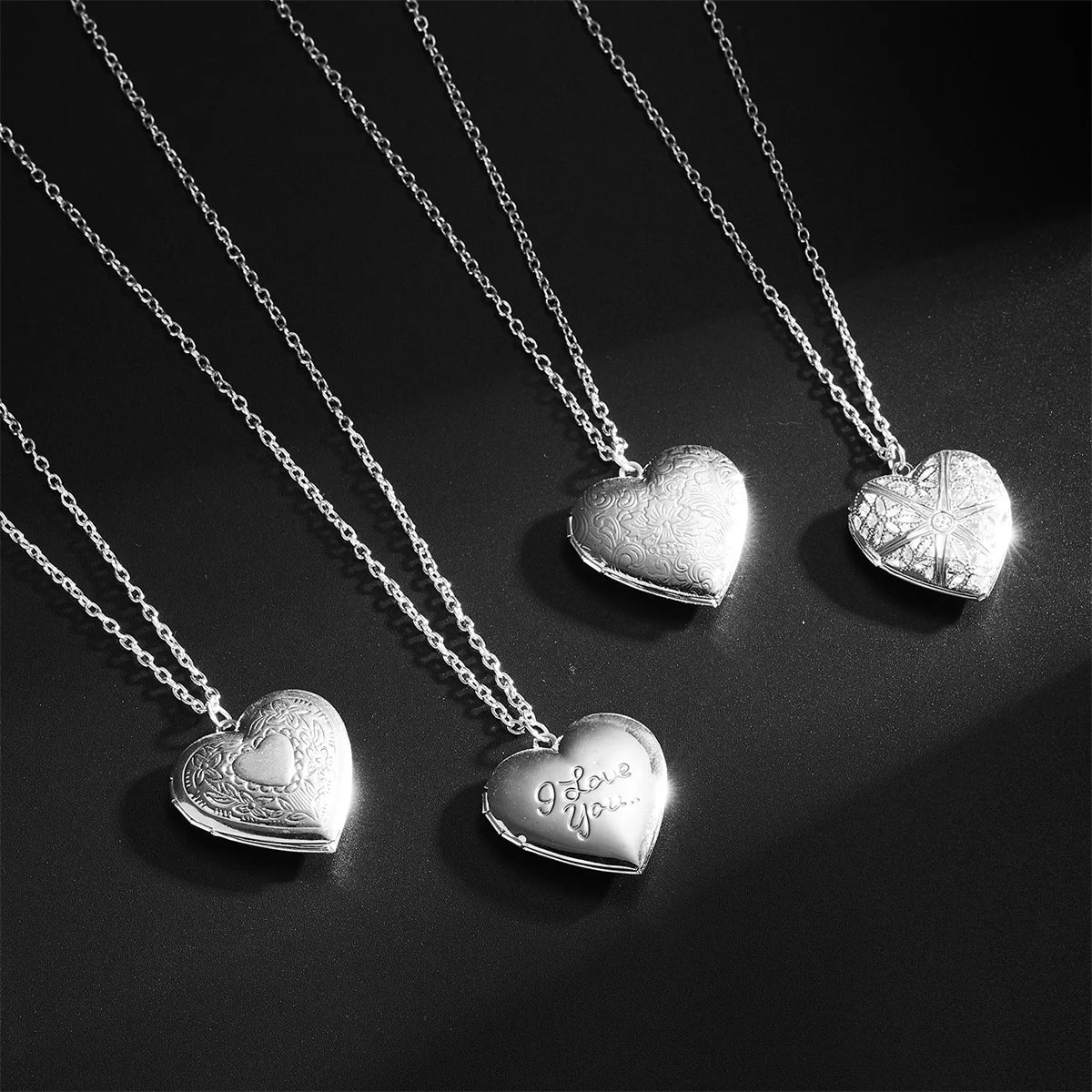 Silver Color Love Heart Photo Frame Pendant Necklace For Women I Love You Flower Pattern Heart Openable Locket Necklace Jewelry