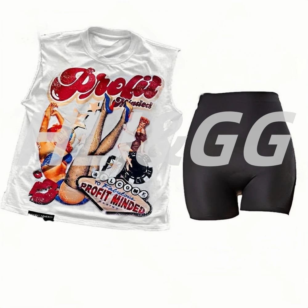 HLJ&GG Fashion American Vintage Style Pattern Print Two Piece Sets Women O Neck Sleeveless Top And Tiger Bandage Shorts Outfits