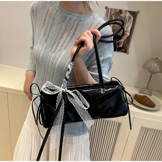 Korean Bow Ribbon Handbag Fashion Lace Square Shoulder Bag French Elegant Baguette Bag Leisure Large Capacity Tote Underarm Bag