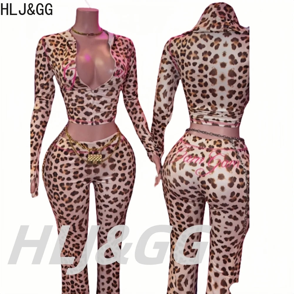 HLJ&GG Y2K Leopard Letter Hooded Two Piece Sets Women Zipper Long Sleeve Slim Crop Top And Pants Outfits Fashion 2pcs Streetwear
