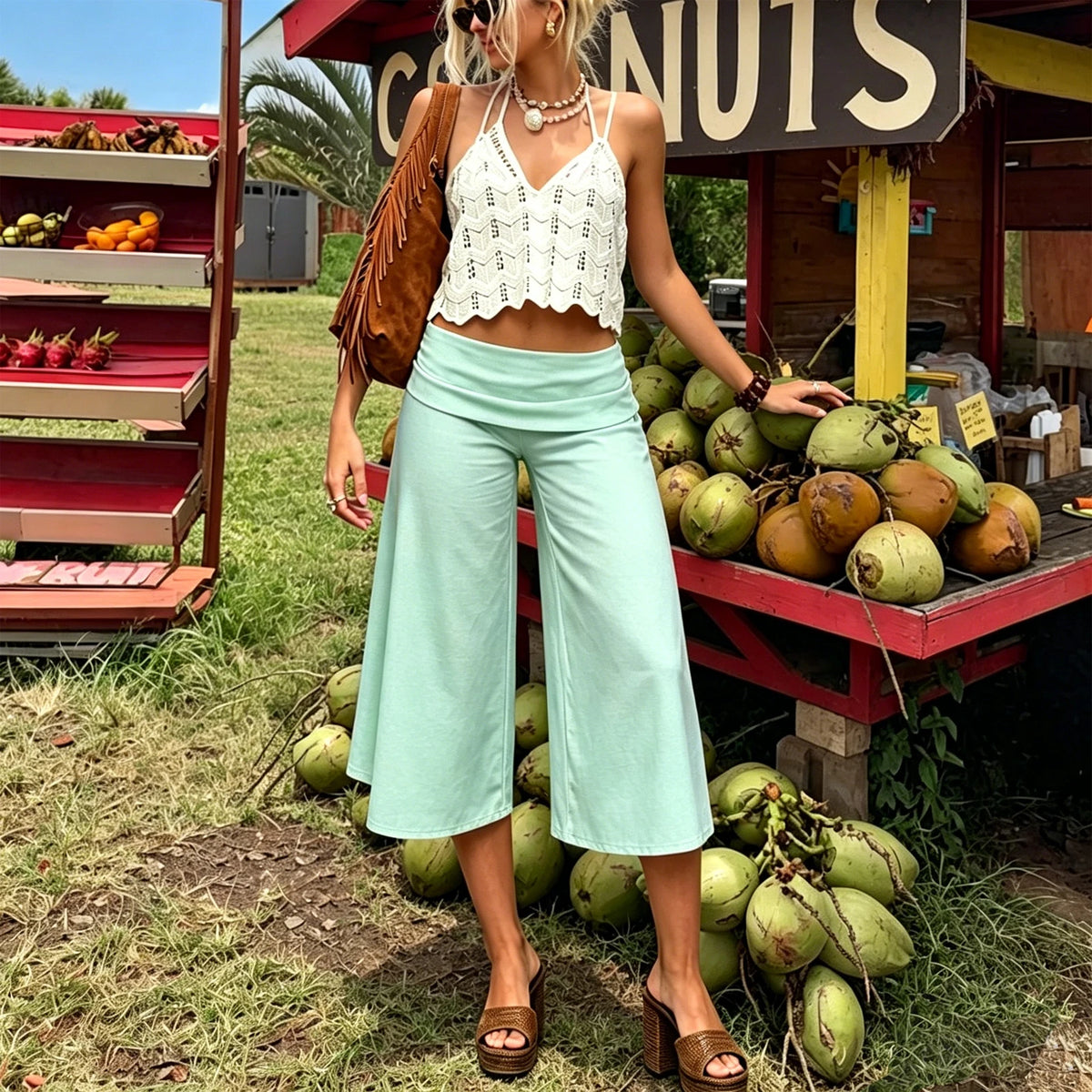 Capri Pants for Women Low Rise Fold Over Capri Yoga Pant Soft Comfy Flowy Wide Leg Capris Culottes Bottoms
