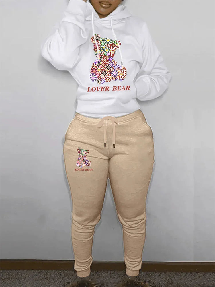 Women's Hoodies Sets Pants Suit 2 Piece Outfits 2025 New Letter Print Bear Aesthetics Sweatshirt and Sweatpants Womens Tracksuit