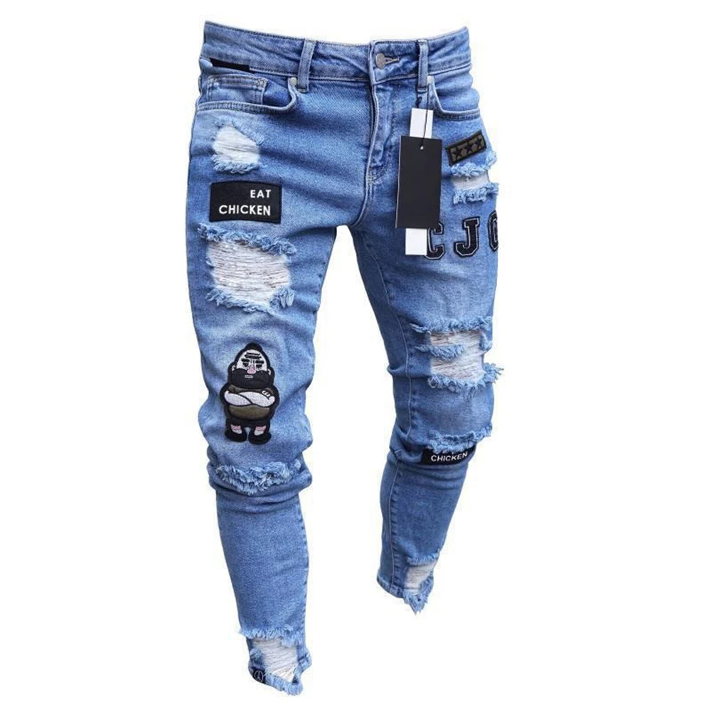 White Embroidery Skinny Ripped denim Men Cotton Stretchy Hole Slim Fit Hip Hop Denim Pants Casual Jeans for Men Jogging Trousers