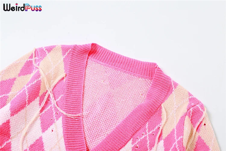 Weird Puss Sweater Women 2 Piece Set Hipster Tassel Plaid Cardigan Tops+Mini Shorts Stretch Autumn Trend Matching Street Outfits