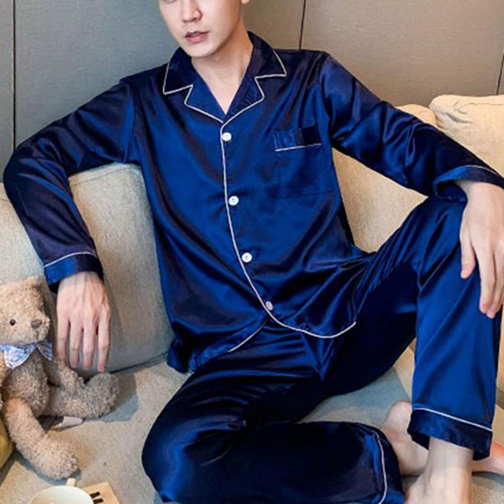 1 Set Men Sleepwear Solid Color Long Sleeved Single Breasted Home Wear Ice Silk Loose Plus Size Pajamas Set For Home