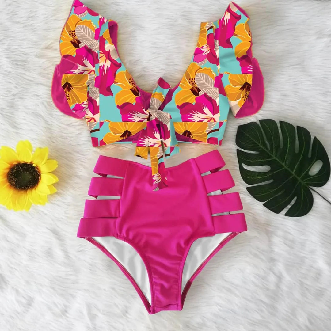 2026 High Waist Bandage Bikini Set For Women Floral Printed Ruffle Bikinis Push Up Strappy Brazilian Biquini Swimwear Swimsuit