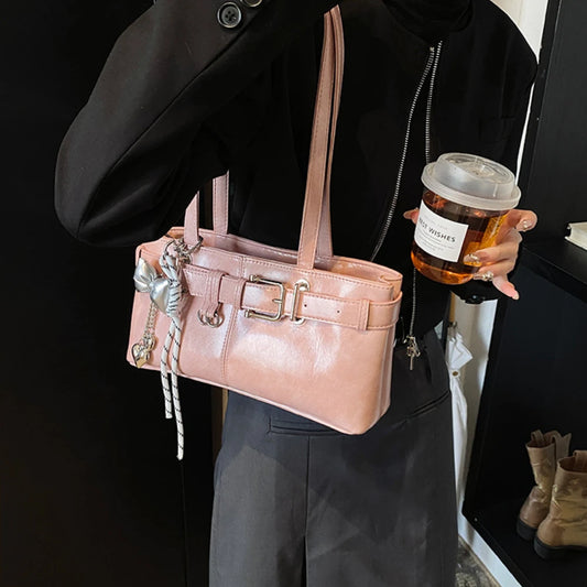 Belt Buckle Design Shoulder Satchels Bag for Women 2025 New in Luxury Designer Handbags Branded Fashion Totes with Pendant Сумка