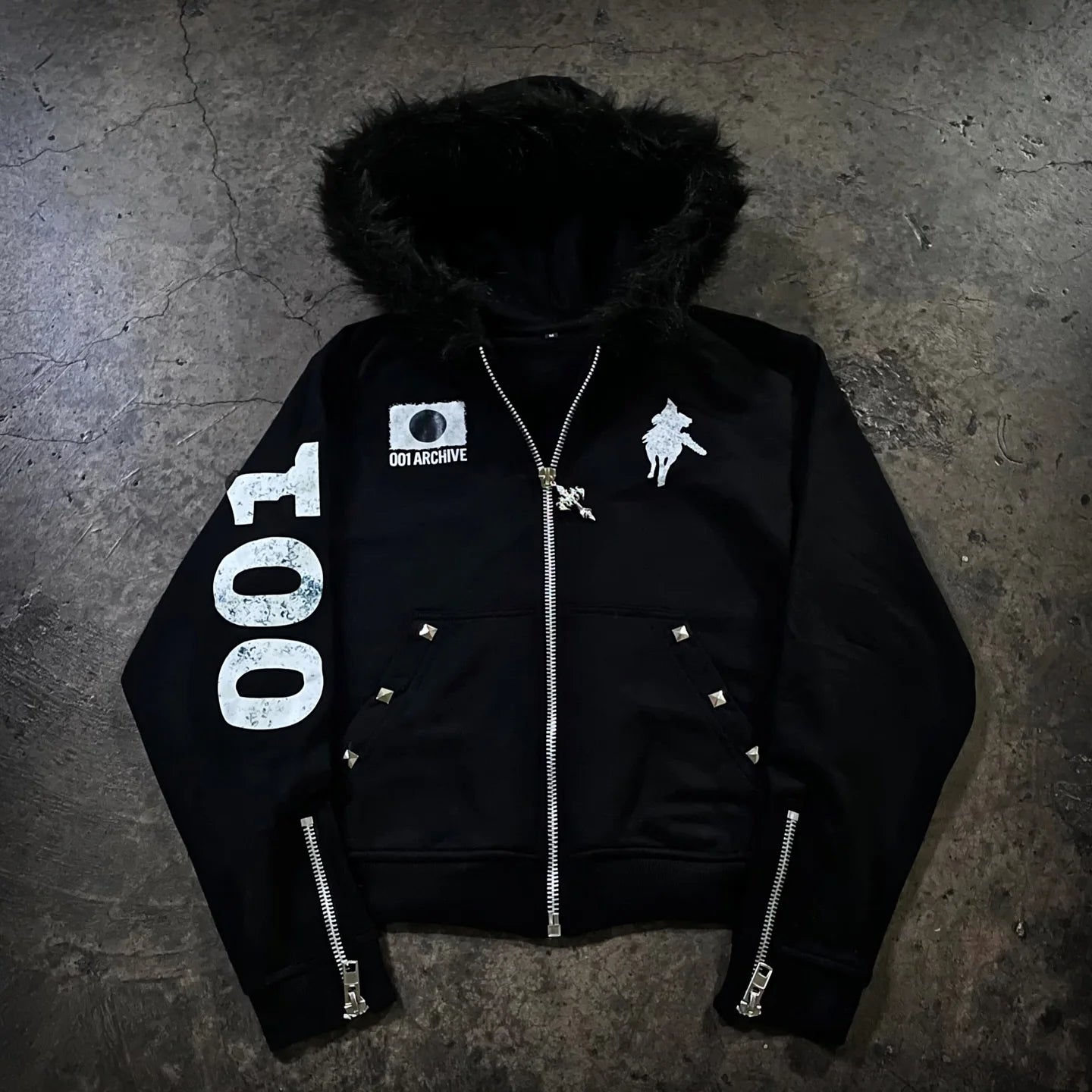 American Retro Rock Gothic Graphic Fur Collar Loose Zipper Sweatshirt Men's Y2K New Harajuku Punk Casual Joker Hoodie Streetwear