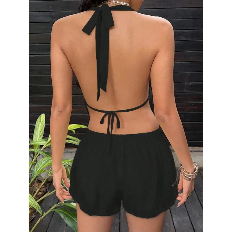 Women Striped 2 Piece Clothing Set Y2K Summer Holliday Outfits Casual Backless Halter Tops With Shorts Summer Clubwear Party