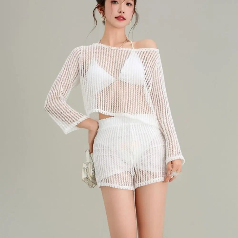 Loose Long Sleeve Swimsuit Hollow Out Pullover Crochet Knit Bathing Suit Beachwear Clothings Beachwear Three Pieces Set Swimwear