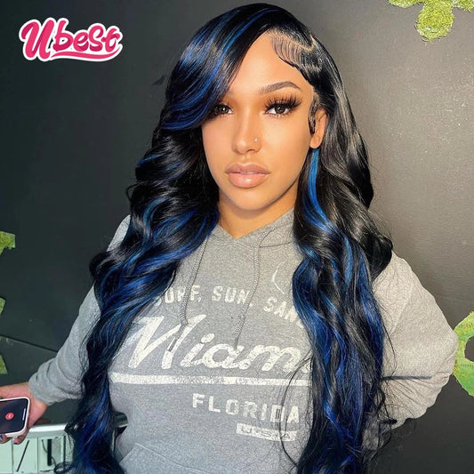Ubest 34 Inch Highlighs Blue 1B Colored Body Wave Lace Front Human Hair Wigs For Black Women 13x4 Transparent Lace Wig Remy Hair