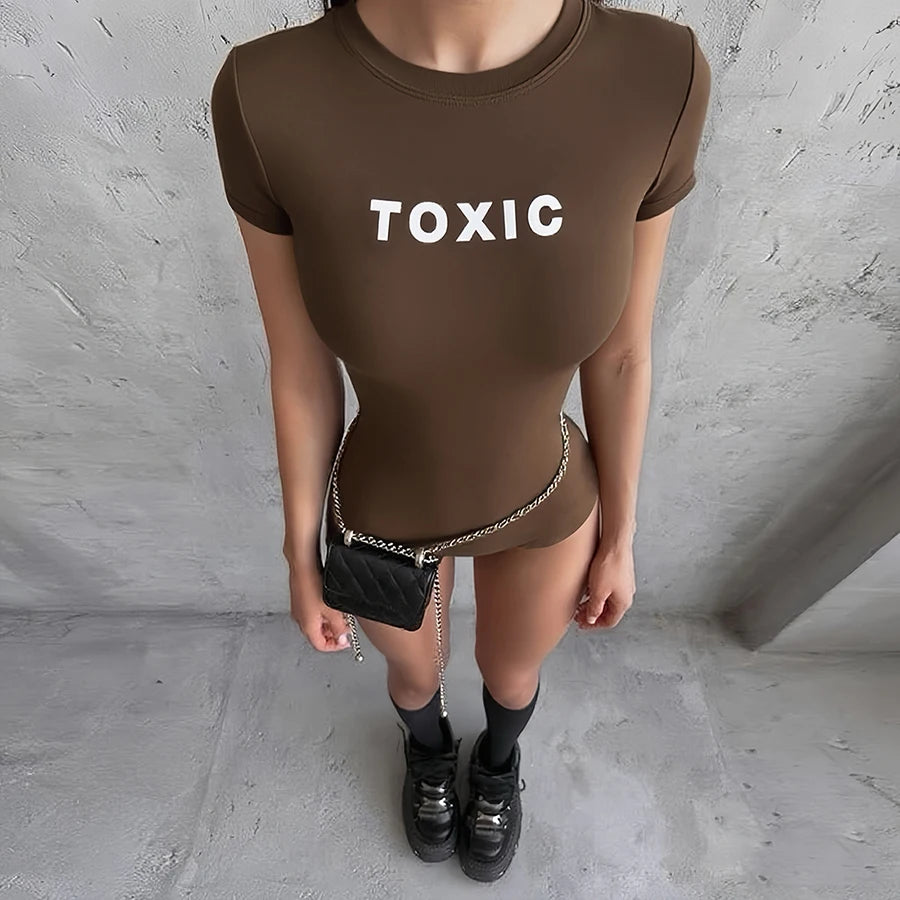 Weird Puss Letter Print Fashion Romper Women Body-Shaping  o-Neck Mini Sleeve Tight Peach Hip Casual Simple Workout Playsuits