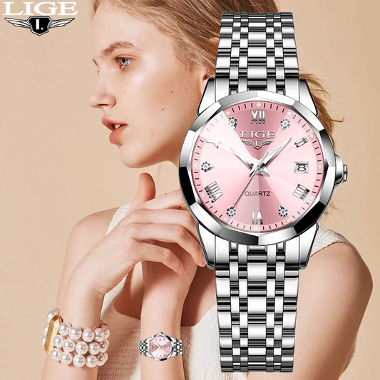 LIGE Elegant Ultrathin Nordic Simple Style Quartz Movement ladies Wristwatch Fashion Stainless Steel Bracelet Belt Watch