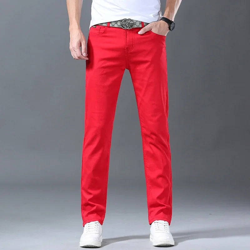 White Yellow Pink fashion 5 Color Men's Cotton Casual Pants Jeans Slim Straight Solid Color Business Trousers Four Seasons Brand