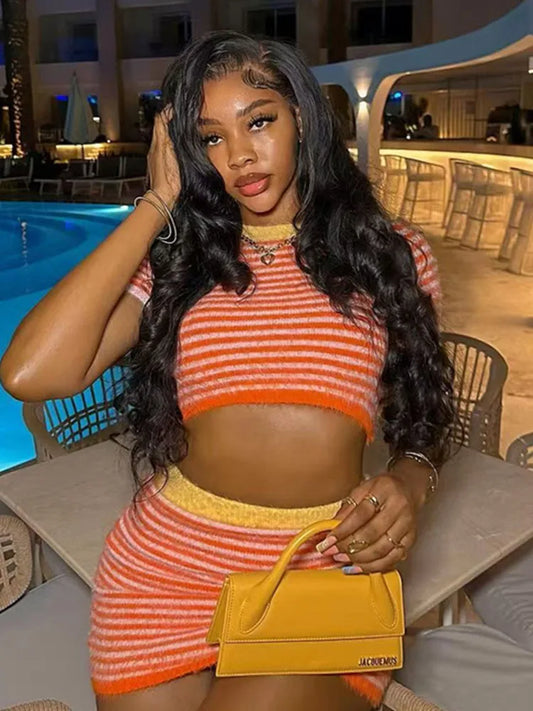 Weird Puss Crochet Stripe 2 Piece Set Women o-Neck Short Sleeve Crop Tops+Contrast Skinny Skirts Hottie Vacation Casual Outfits