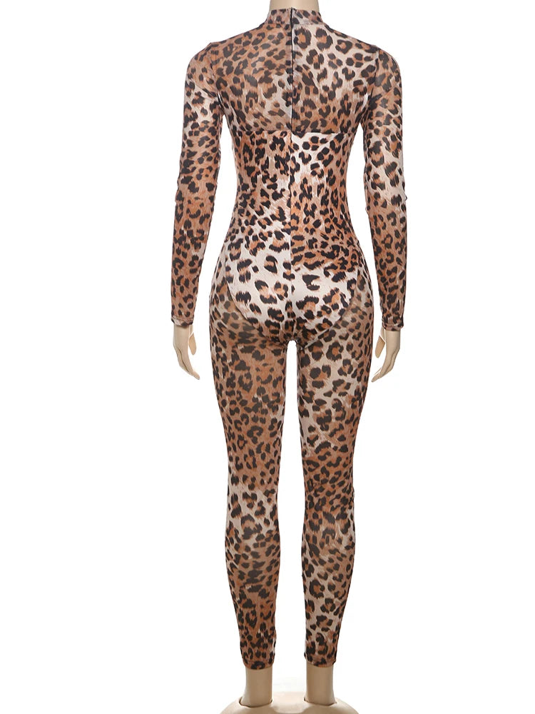 Weird Puss Leopard Print Jumpsuit Women Sexy See Through midnight full sleeve Hipster Fit Street Clubwear Party Workout Overalls