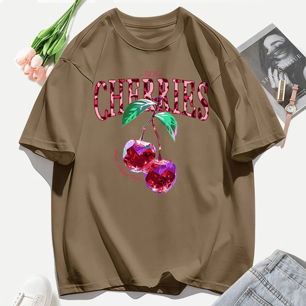 Crystal Cherries Printing Tee Shirt Woman Summer Cotton Tee Tops O-Neck Casual T Shirts Oversized All-Match Short Sleeve
