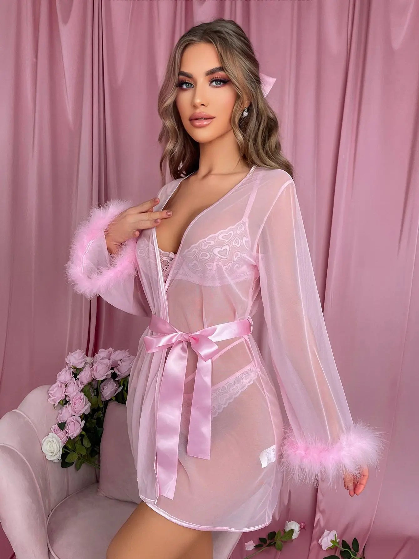 HLJ&GG Sexy Lace See Though 3 Pieces Home Nightgown Sets Women Bra + Thong + Feather Cuffs Long Sleeve Kimino Robe Outfits 2025