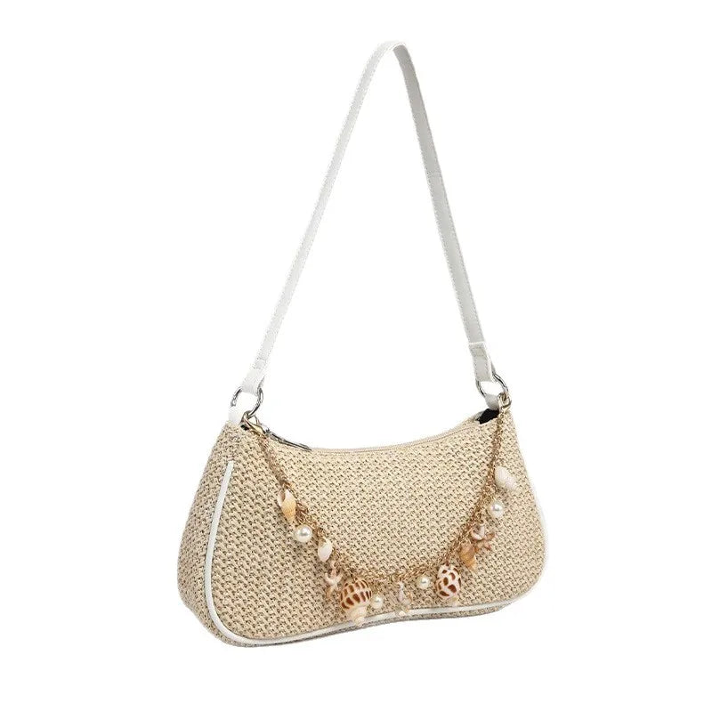 Bohemian Summer Straw Shoulder Bag with Ocean Shell, Starfish & Seahorse Charms, Perfect for Beach Vacation & Tropical Getaways