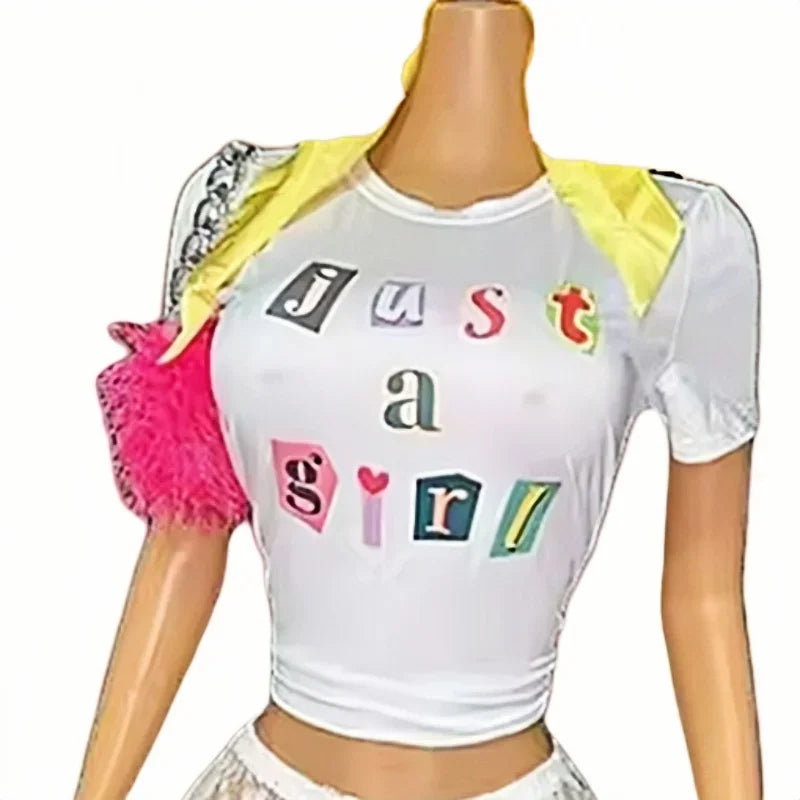HLJ&GG Fashion Y2K Streetwear Women Letter Print O Neck Slim Crop Top And Mesh Sheer Bow Skinny Pants 2 Piece Sets Outfits 2024