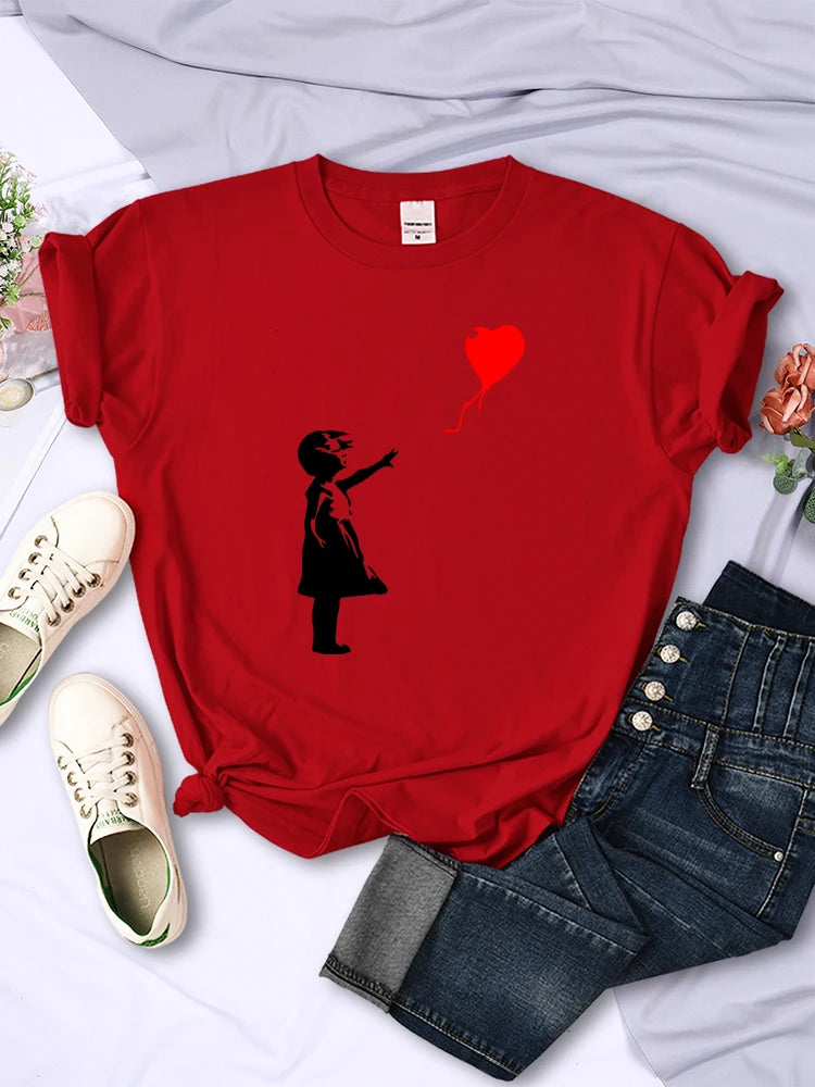 Let'S Fly Love Balloons Prints Womens T-Shirt Soft Breathable Short Sleeve Street Hip Hop Trend Tops Casual Female Tee Clothing