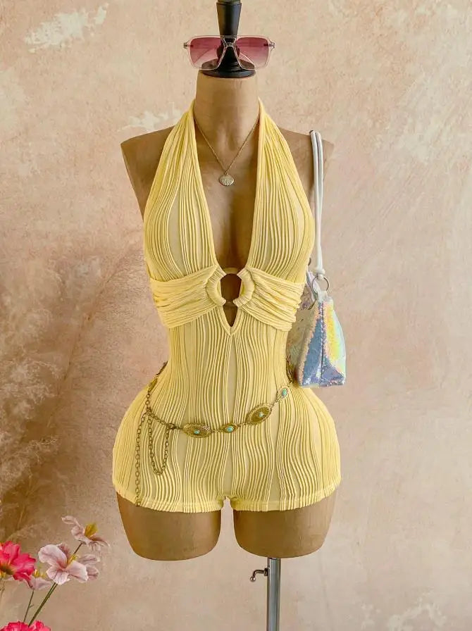 Women's Textured Knitted Bodysuit Orange Striped Circular Decoration Hanging Neck V Neck Jumpsuit Summer Holiday Crochet Romper
