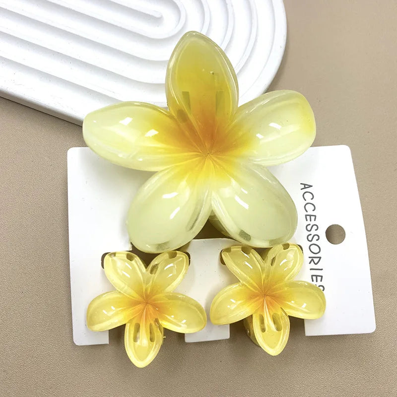3Pcs Sweet Colorful Plumeria Flower Shark Clip Hair Claw Bohemian Ponytail Clip Plastic Hairpin Barrette Summer Hair Accessories