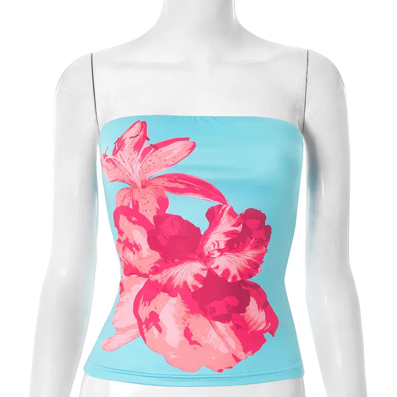 Nsauye 2025 Fashion Women Summer Y2K Clothes Skinny Floral Print Mini Tube Tank Tops Sleeveless Sexy Club High Street Crop Tops