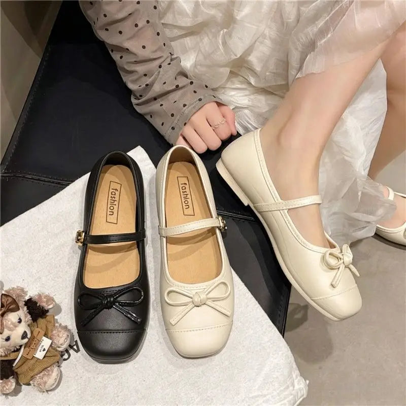 2026 New French Elegant Single Shoes Women Gentle Fairy Style Butterfly Knot Mary Janes Flat Bottom Shoes round Head PVC