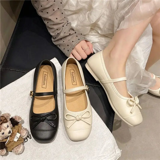 2026 New French Elegant Single Shoes Women Gentle Fairy Style Butterfly Knot Mary Janes Flat Bottom Shoes round Head PVC