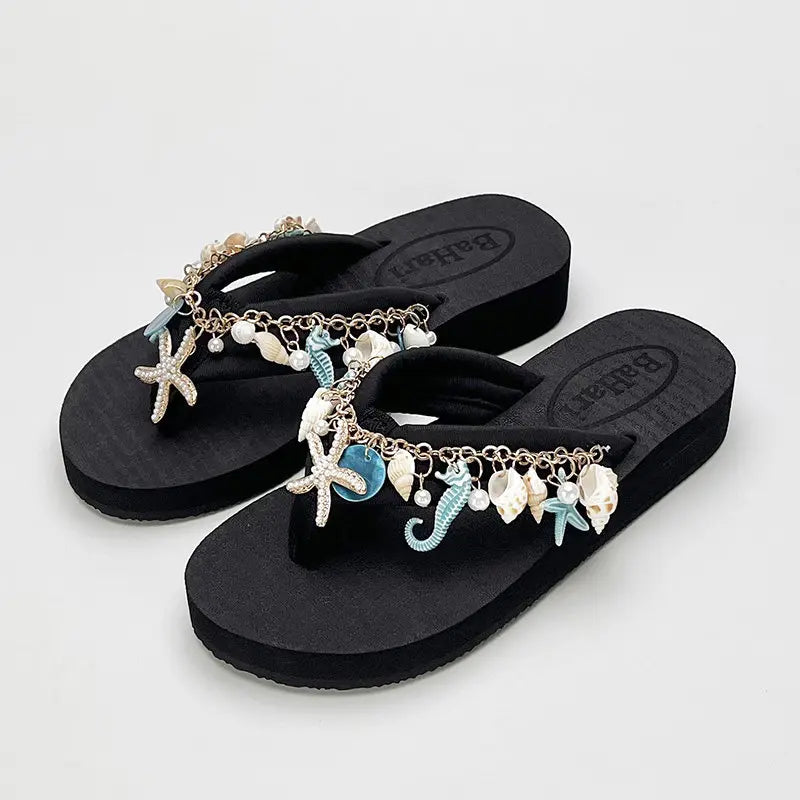 Women's Summer Bohemian Seaside Vacation Slippers Outside Pinch Beach Shoes Fashion Platform Slippers Flip-flops